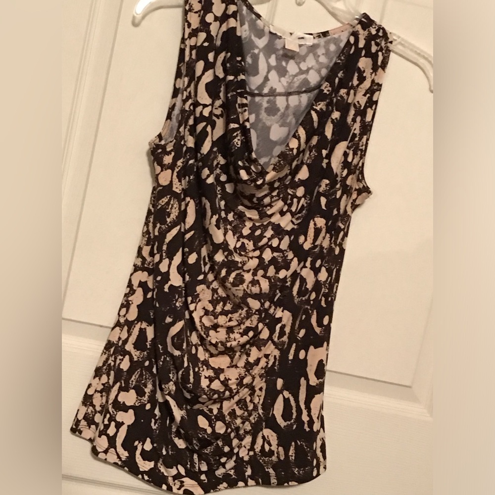 Michael Kors Brown and Cream Patterned Blouse Sleeveless with Draped Front